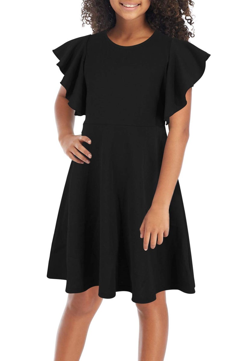 GORLYA Girl's Flutter Sleeve Stretchy A-Line Swing Flared Skater Party Dress with Pockets for 6 Years Kids (GOR1019, 6-7Y, Black Color) - Image 1